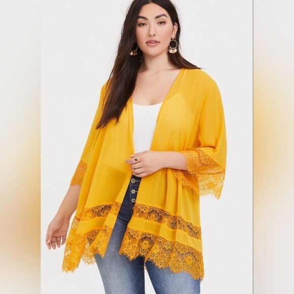 Torrid Chiffon Lace Mix golden yellow Kimono size 1/2X - Picture 1 of 6
